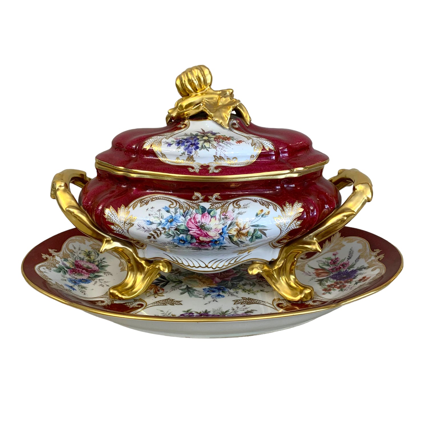 Sopera de porcelana francesa con plato oval Limoge SXIX