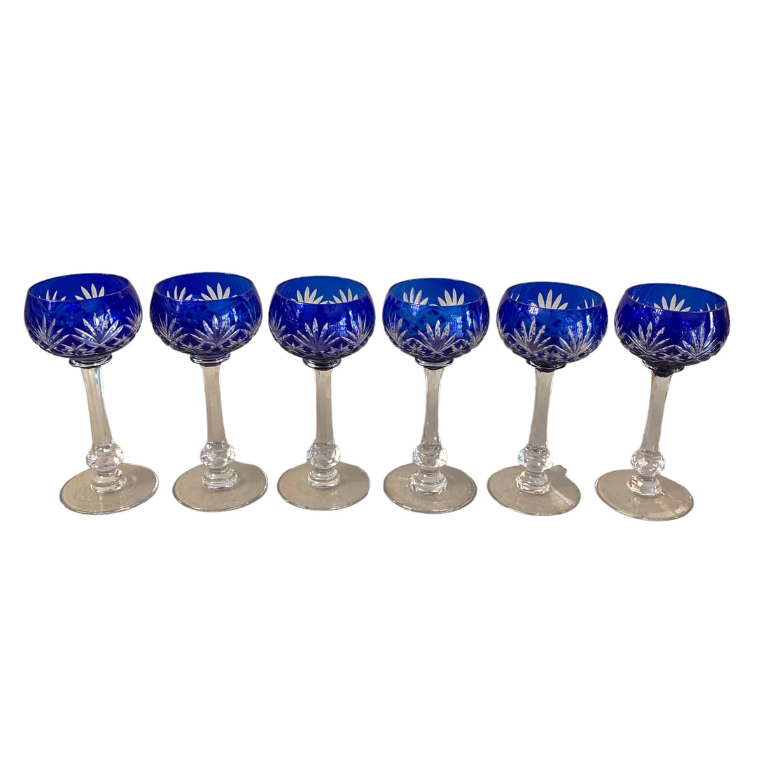 Set de 6 copas francesa azules cristal cortado. Año 1950