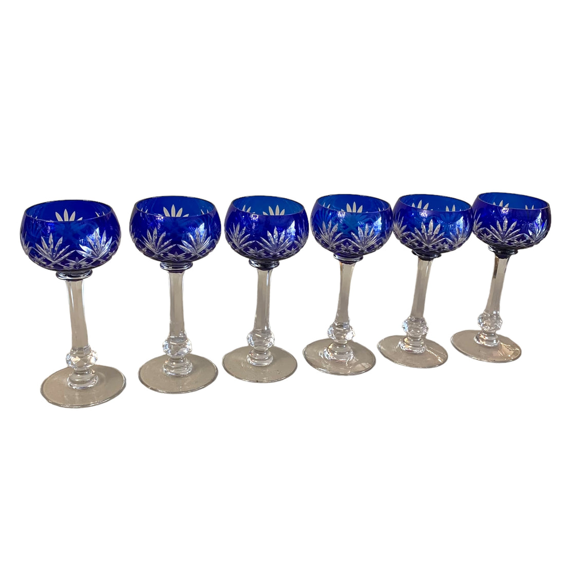 Set de 6 copas francesa azules cristal cortado. Año 1950