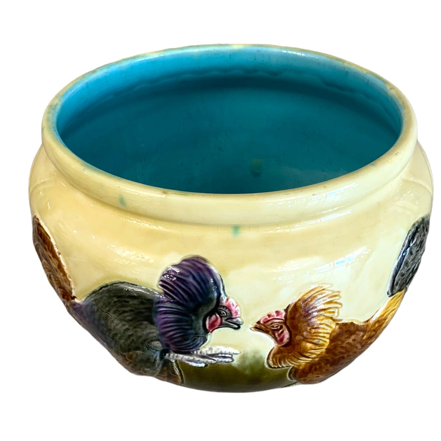 Jardinera de mayólica con motivos de gallos firmada Orchied France. SXIX