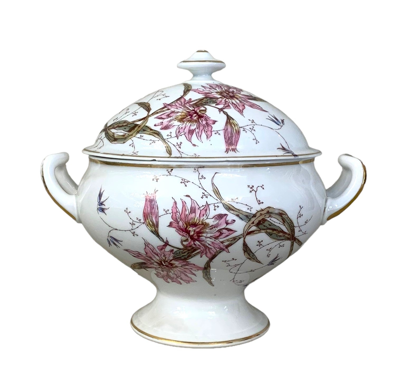 Sopera de porcelana "Viejo París" decorada con crisantemos. SXIX