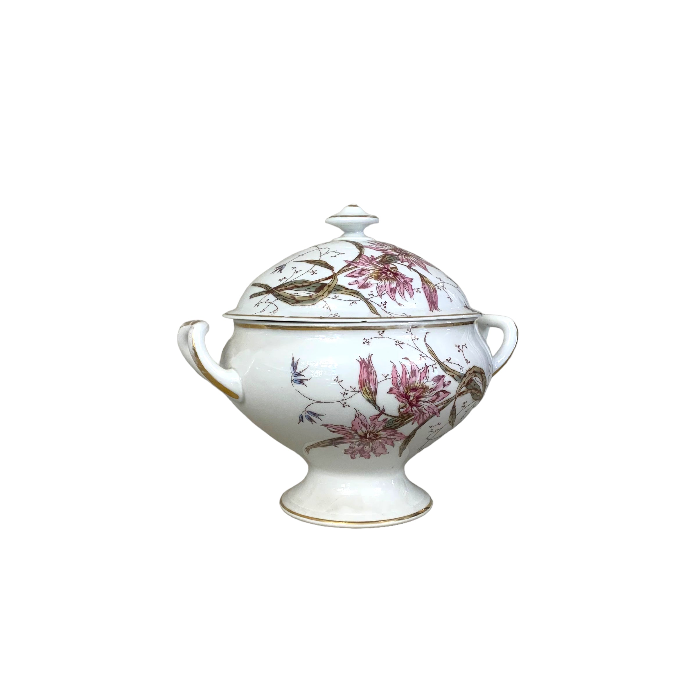 Sopera de porcelana "Viejo París" decorada con crisantemos. SXIX
