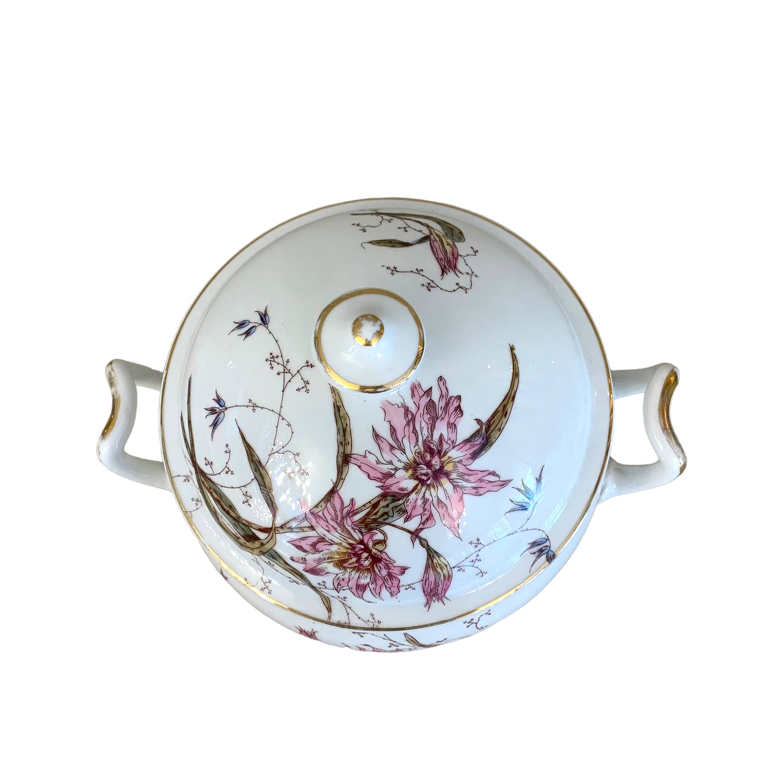 Sopera de porcelana "Viejo París" decorada con crisantemos. SXIX