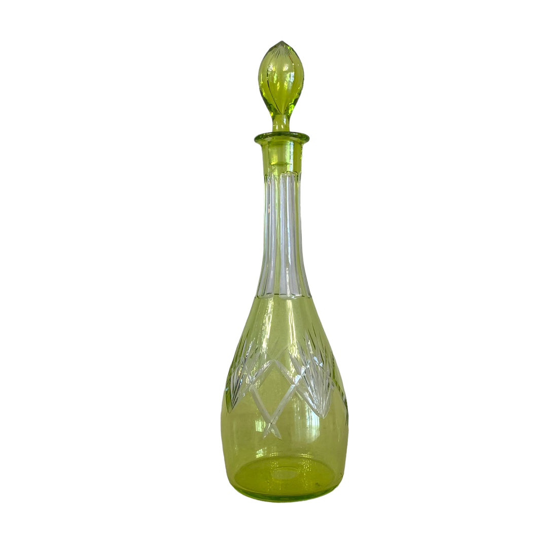 Botella de cristal cortado checo color vaselina Art-Deco. SXX