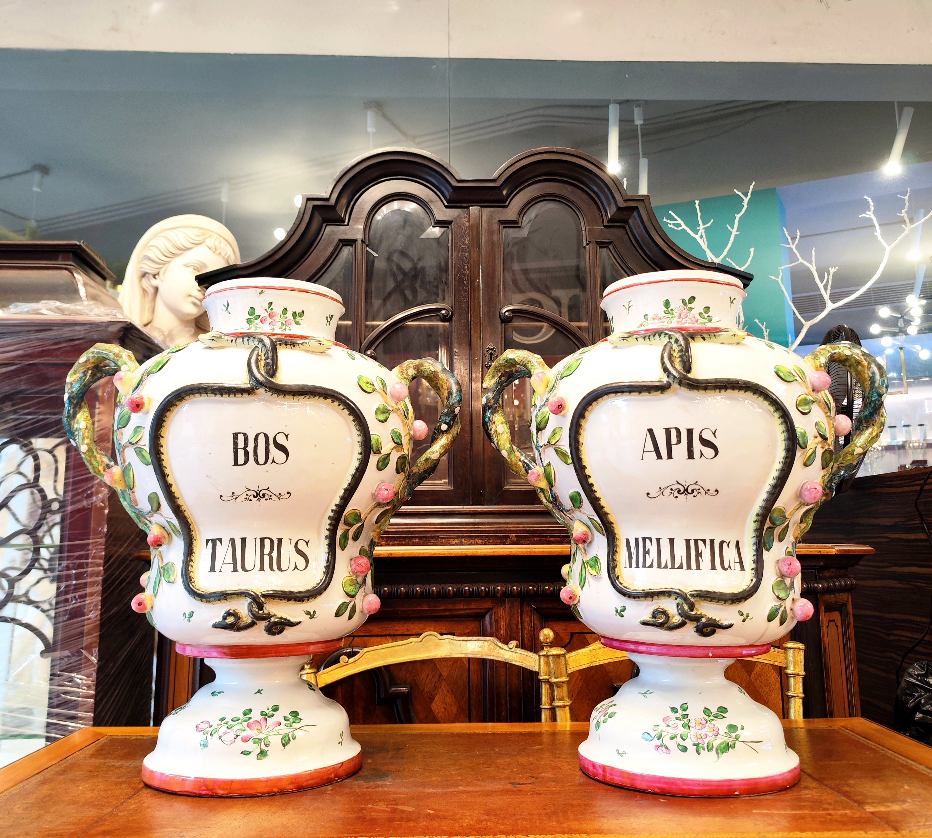 Gran par de frascos de farmacia con ramas de higos. Francia SXIX