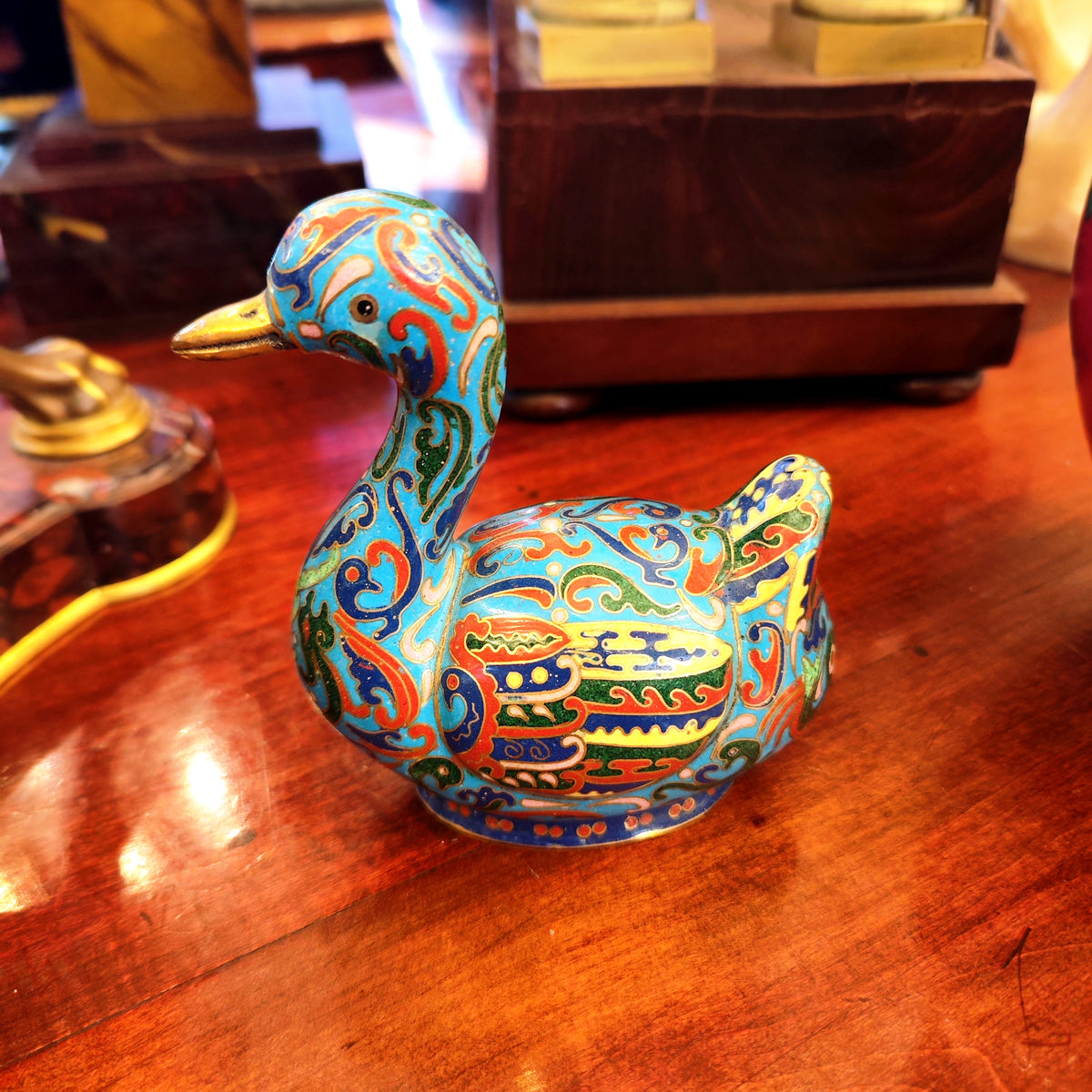 Pato cuello largo chino de cloissone celeste. China SXIX