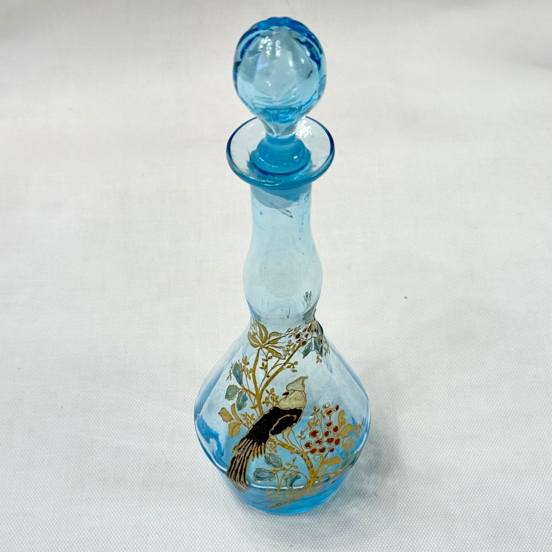 Botella de vidrio esmalta Art-Nouveau celeste. Francia SXX