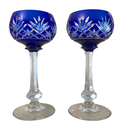 Set de 6 copas francesa azules cristal cortado. Año 1950