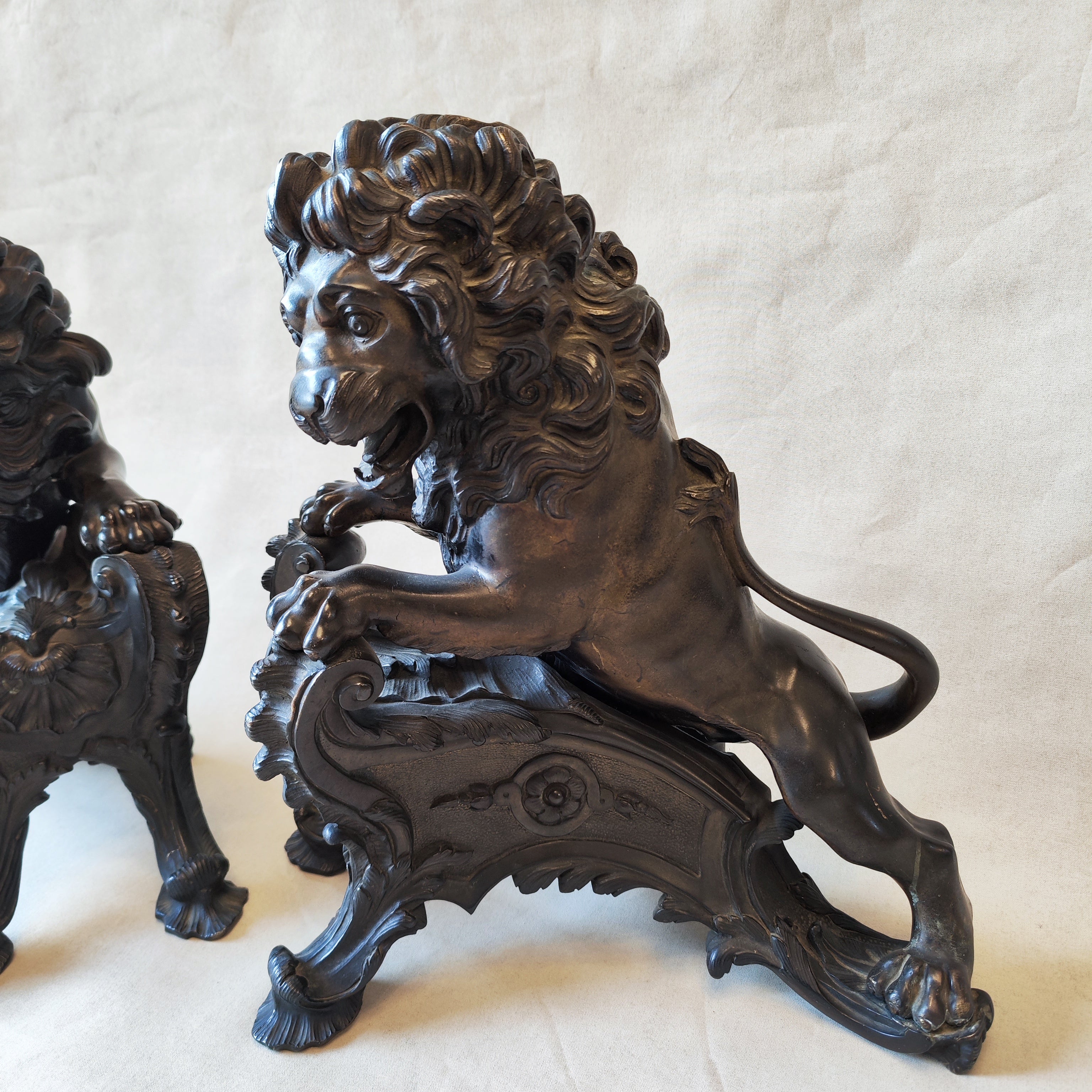 Magnifico par de morrillos de bronce de leones. Francia SXIX
