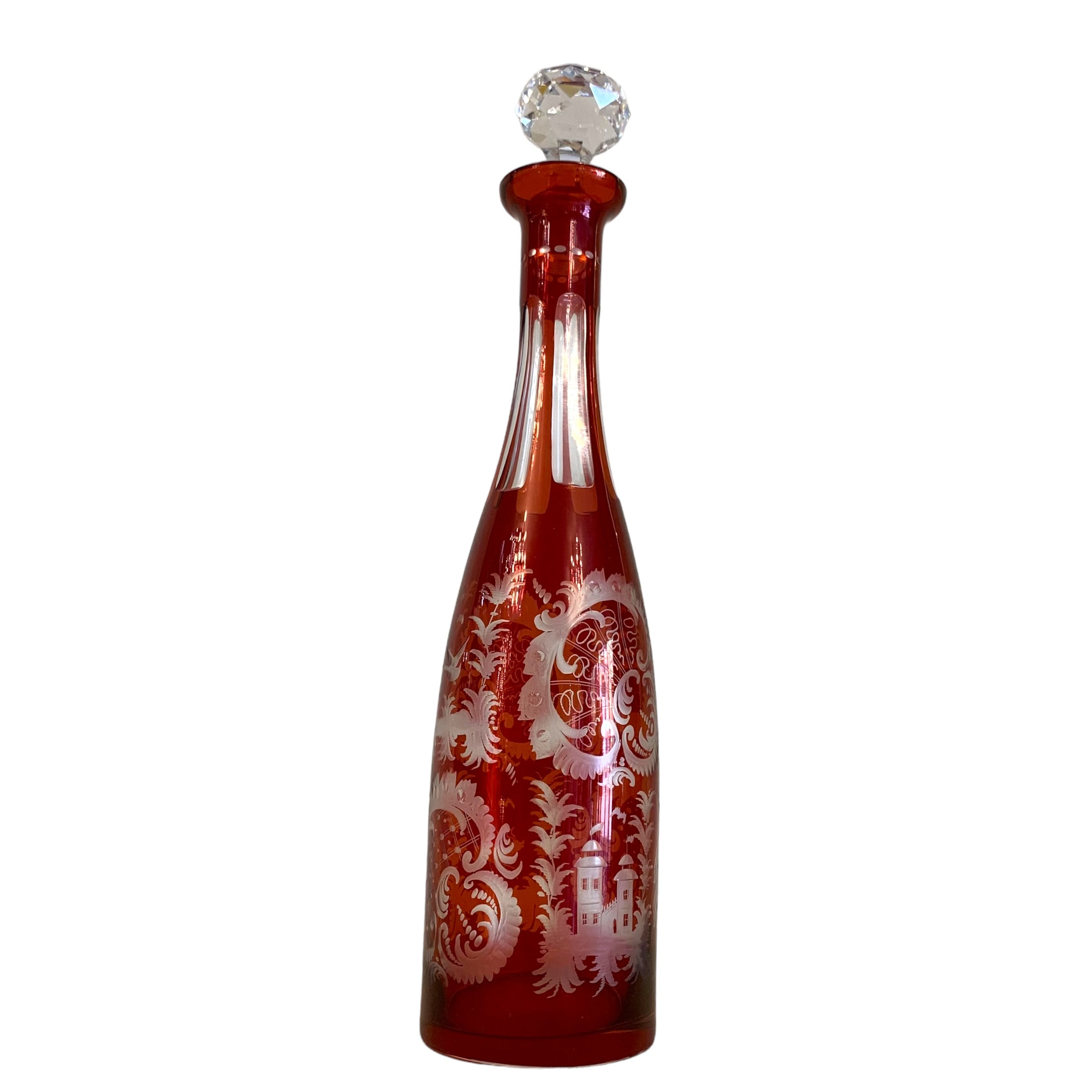 Botella bohemia de cristal dibujado al acido. SXIX