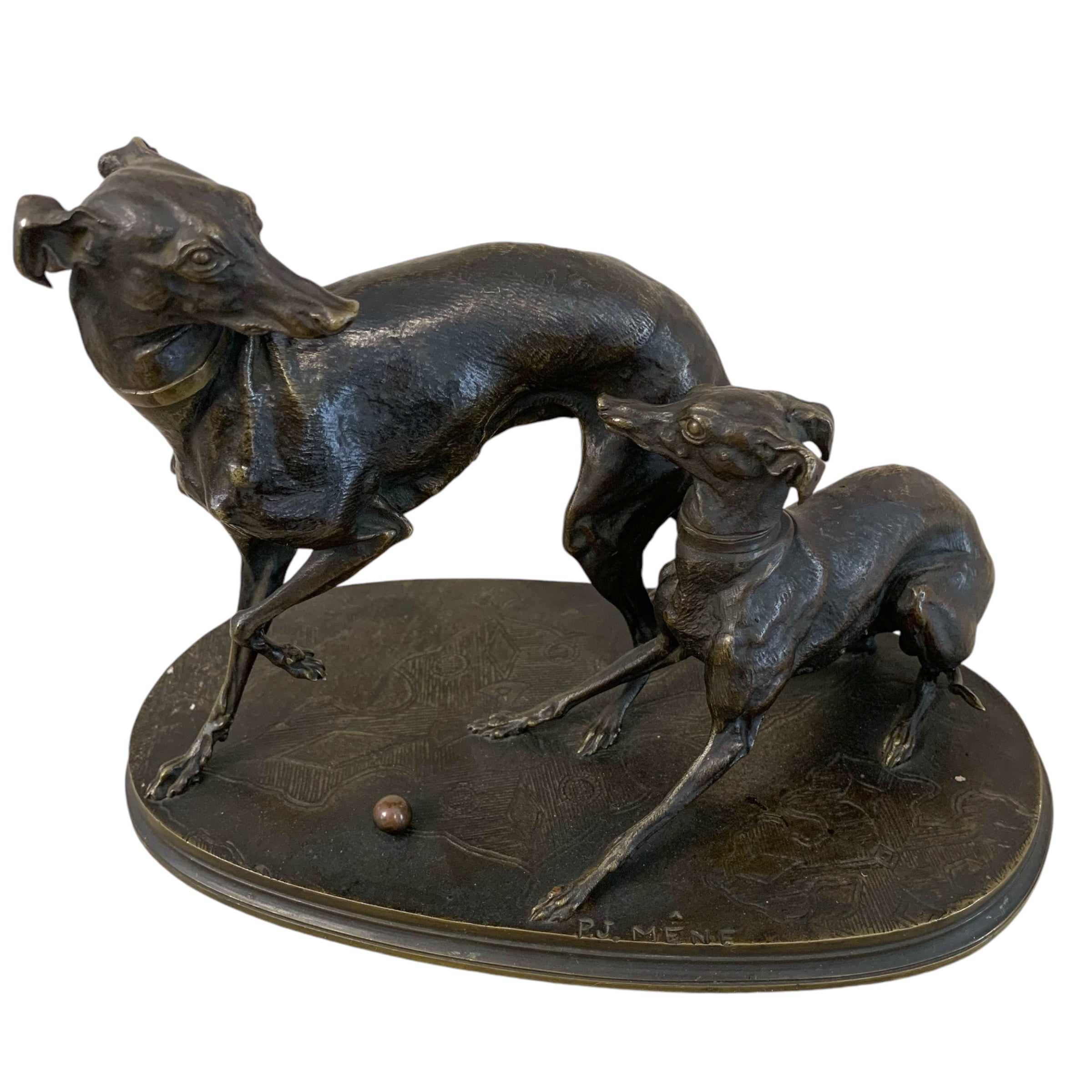 Galgos jugando en bronce. Pierre-Jules Mene (1810-1879). Francia