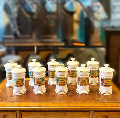 Juego de frascos de farmacia de porcelana Napoleón III. Francia SXIX
