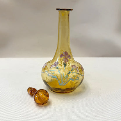 Botella de vidrio esmaltada Art-Nouveau con orquídeas. Francia SXX