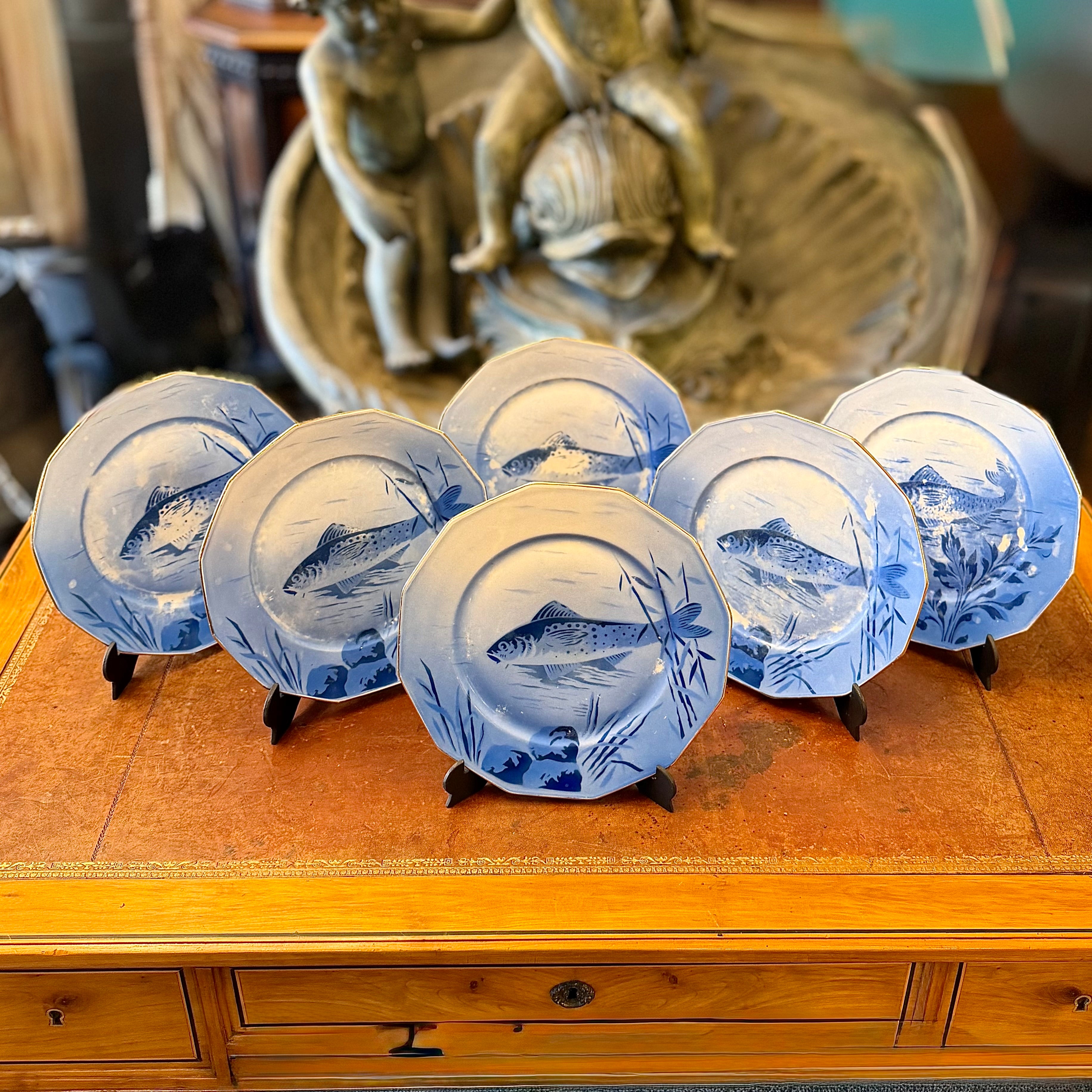 Juego platos Art-Deco para pescado porcelana francesa Limoges. Francia SXX