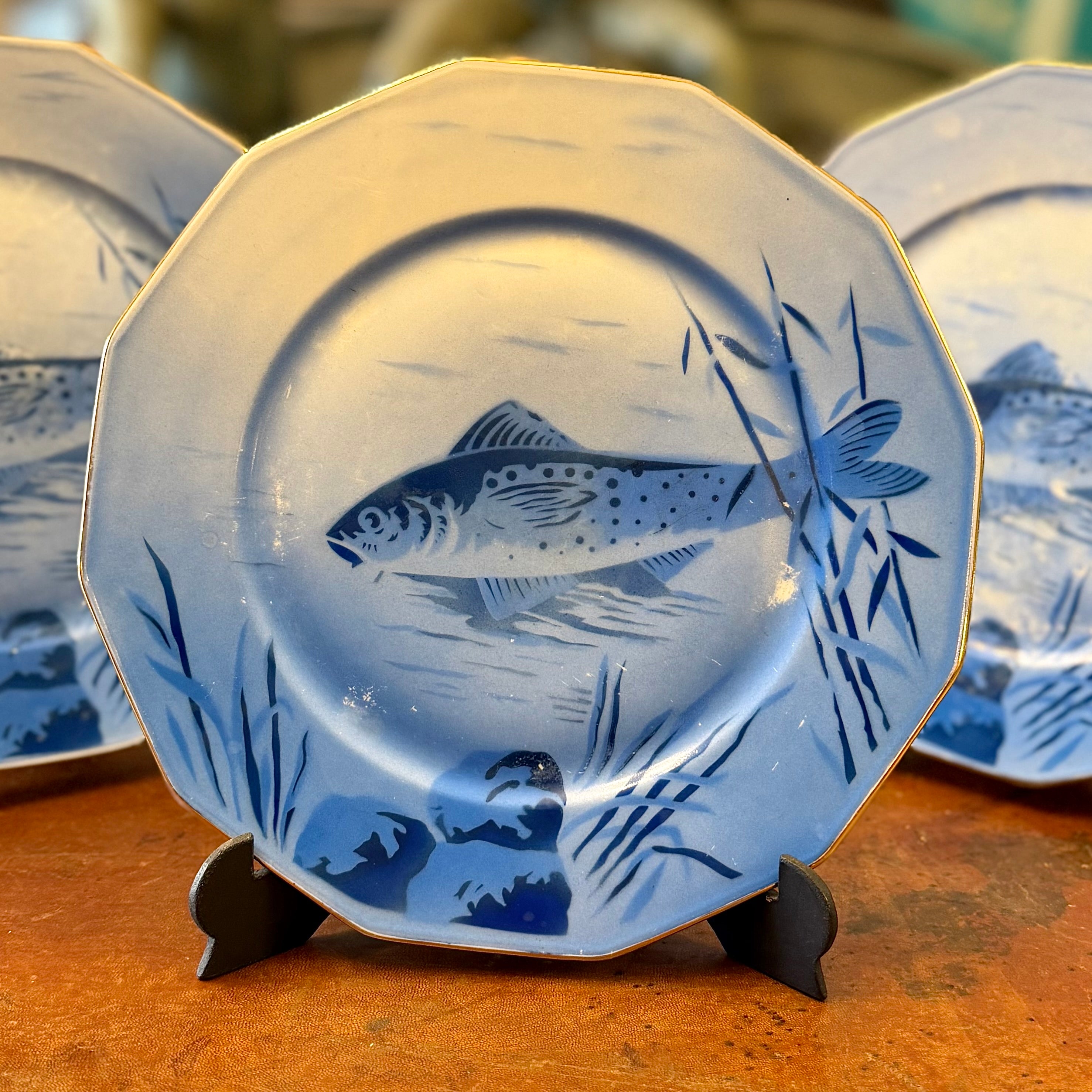 Juego platos Art-Deco para pescado porcelana francesa Limoges. Francia SXX