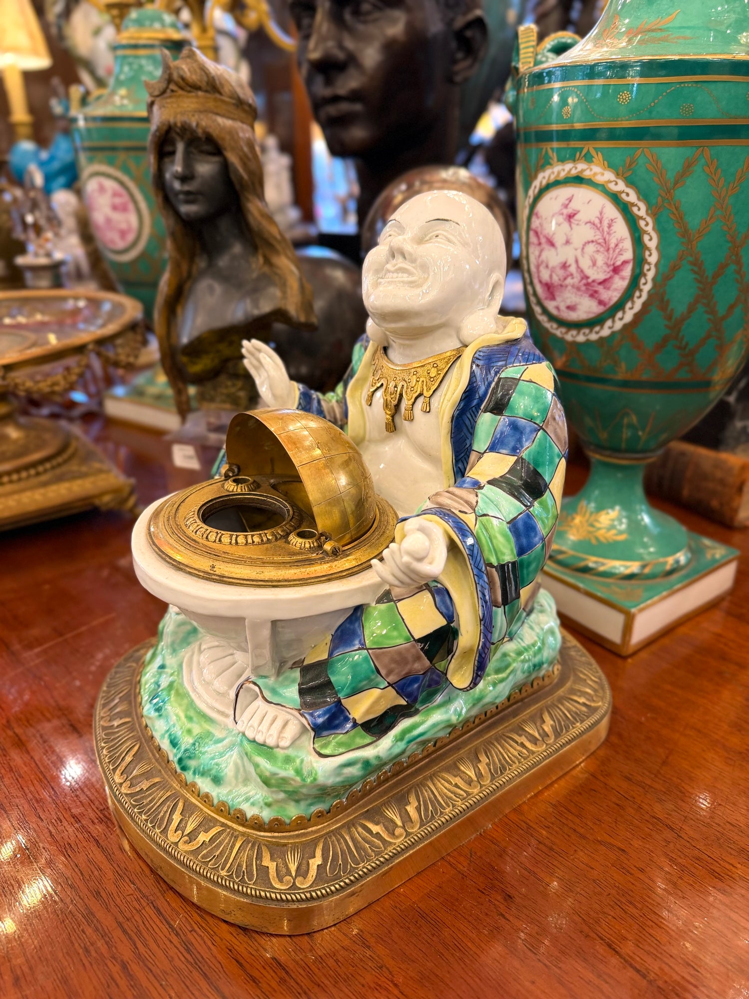 Tintero francés de bronce y porcelana. Francia SXIX