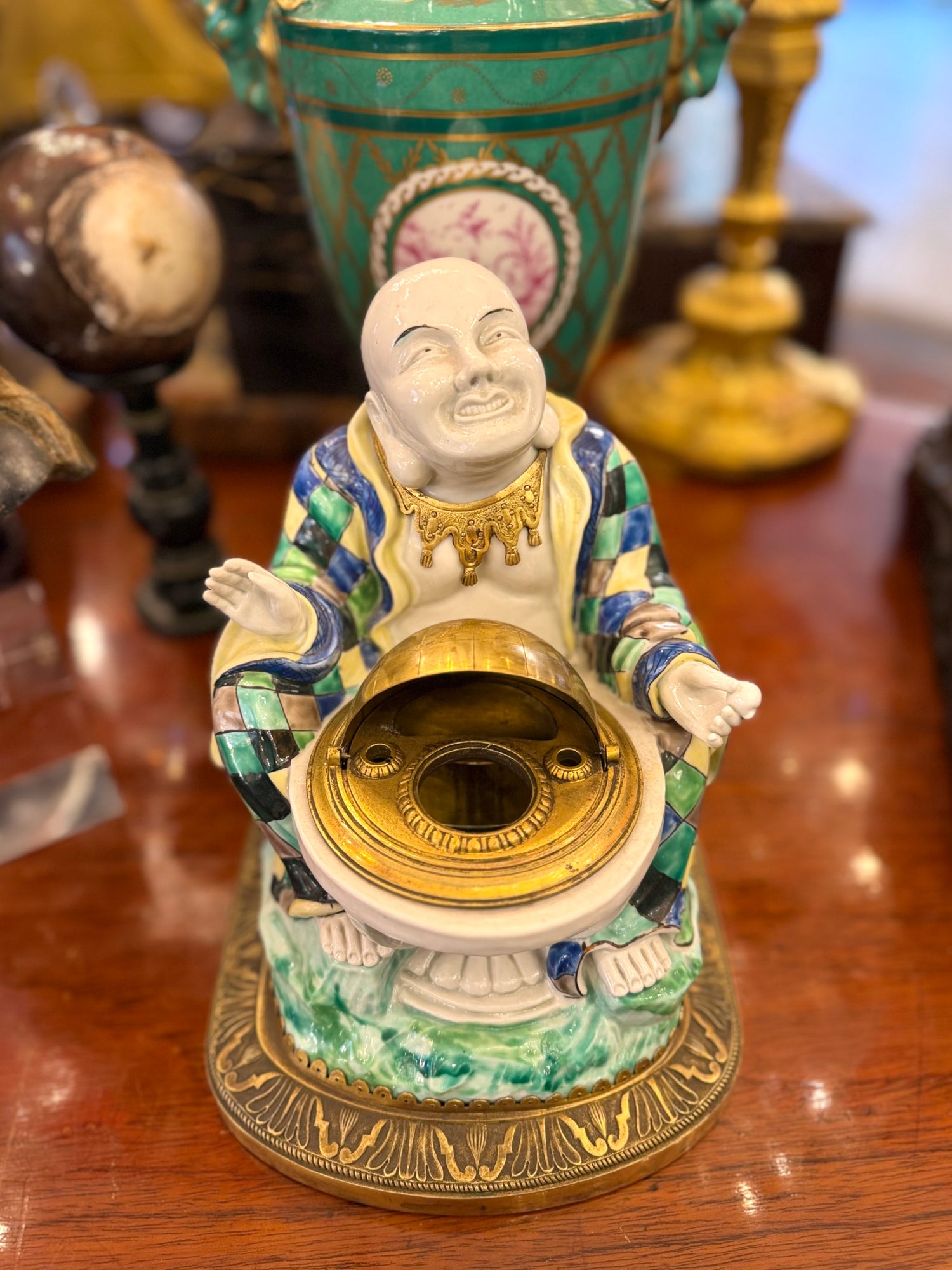 Tintero francés de bronce y porcelana. Francia SXIX