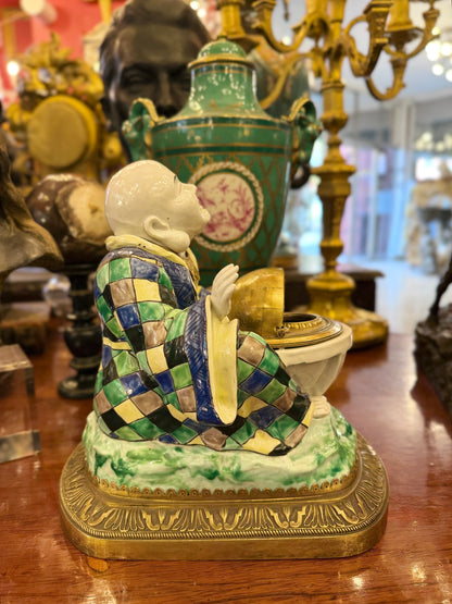 Tintero francés de bronce y porcelana. Francia SXIX