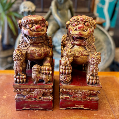 Gran par de perros Fu de madera policromada chinos. China SXIX